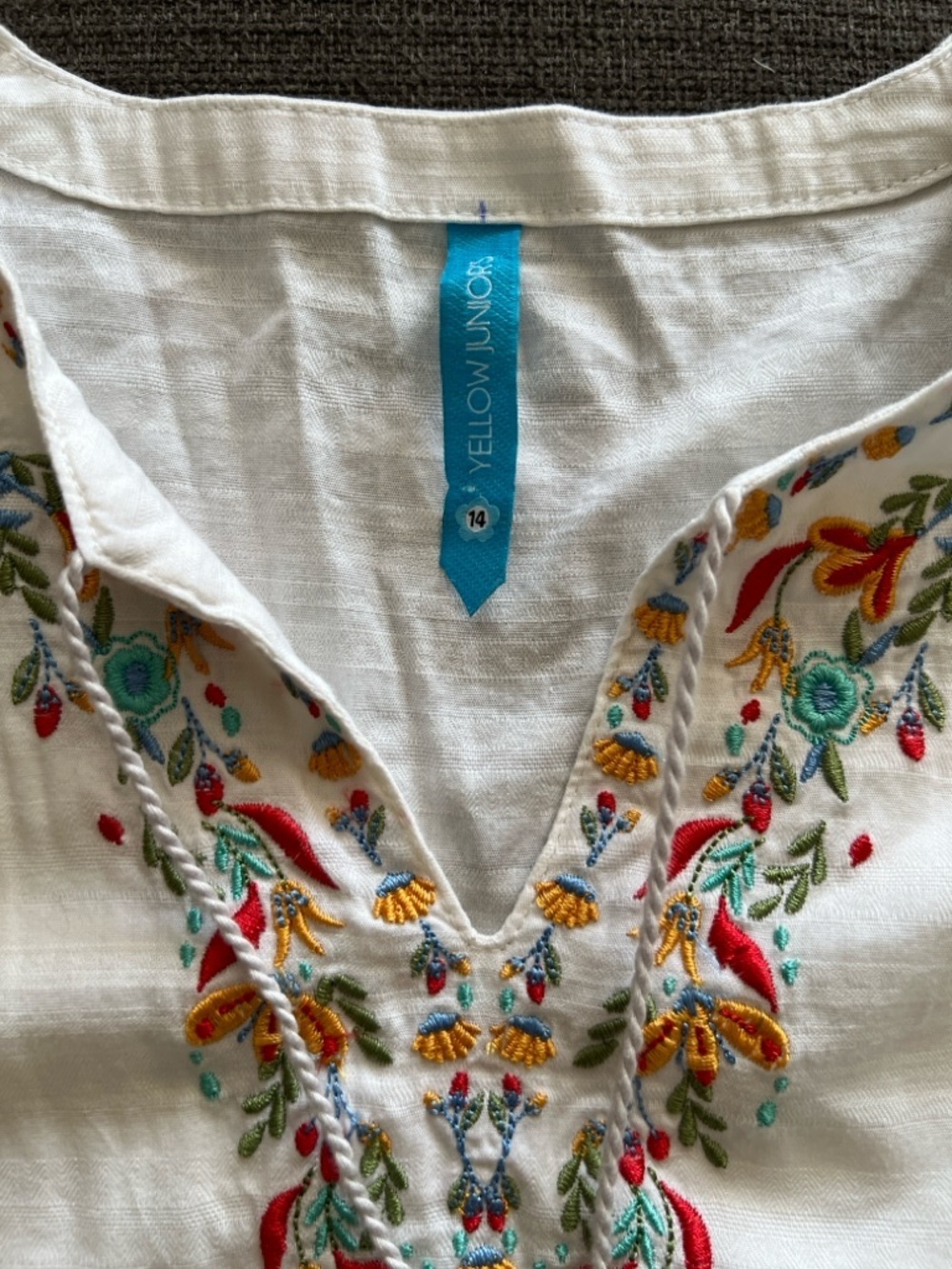 White Cotton Floral Embroidered Peasant Tunic Top Boho Fairycore Tassel Tie - Picture 5 of 9